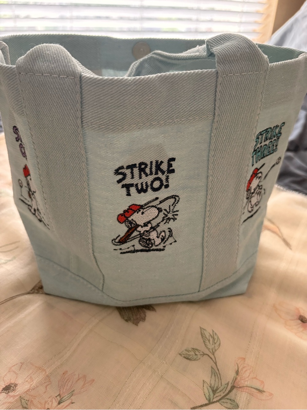 Small Tote Bag with Embroidered 'Strike Two' Snoopy Themed